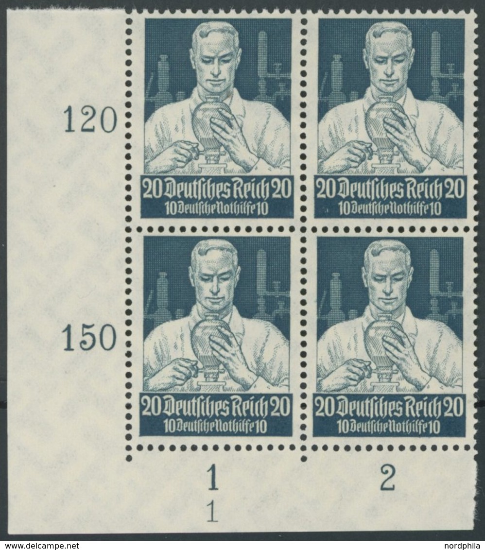 Dt. Reich 562 VB **, 1934, 20 Pf. Stände Im Unteren Linken Eckrandviererblock Mit Form Nr. 1 Postfrisch, Pracht - Altri & Non Classificati