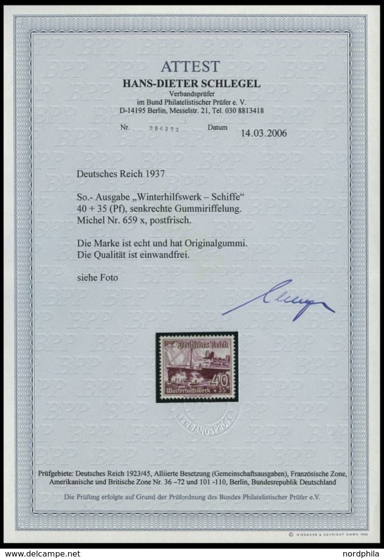 Dt. Reich 659x **, 1947, 40 Pf. Schiffe, Senkrechte Gummiriffelung, Pracht, Fotoattest H.D. Schlegel, Mi. 650.- - Sonstige & Ohne Zuordnung