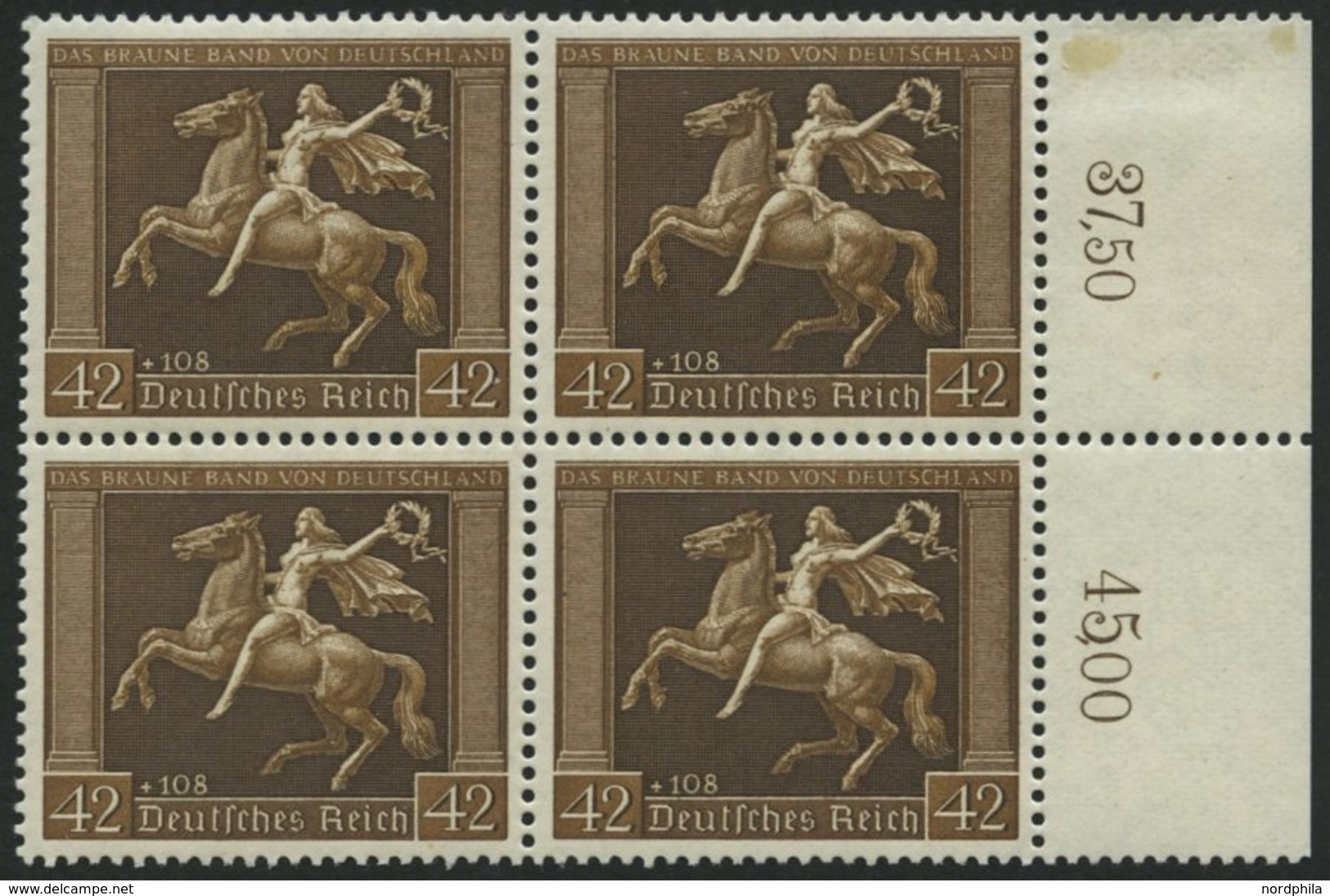 Dt. Reich 671y VB **, 1938, 42 Pf. Braunes Band, Waagerechte Gummierung, Im Viererblock, Pracht, Mi. 600.- - Sonstige & Ohne Zuordnung