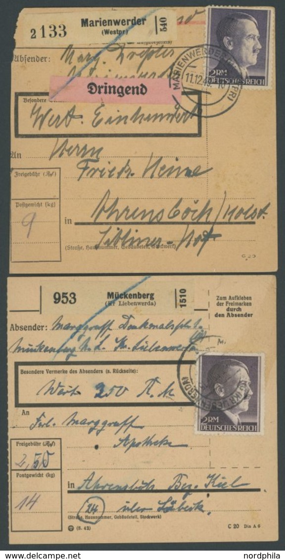 Dt. Reich 800A BRIEF, 1944, 2 M. Hitler, Gezähnt A, 4 Paketkarten Mit Verschiedenen Zusatzfrankaturen, Feinst/Pracht - Altri & Non Classificati