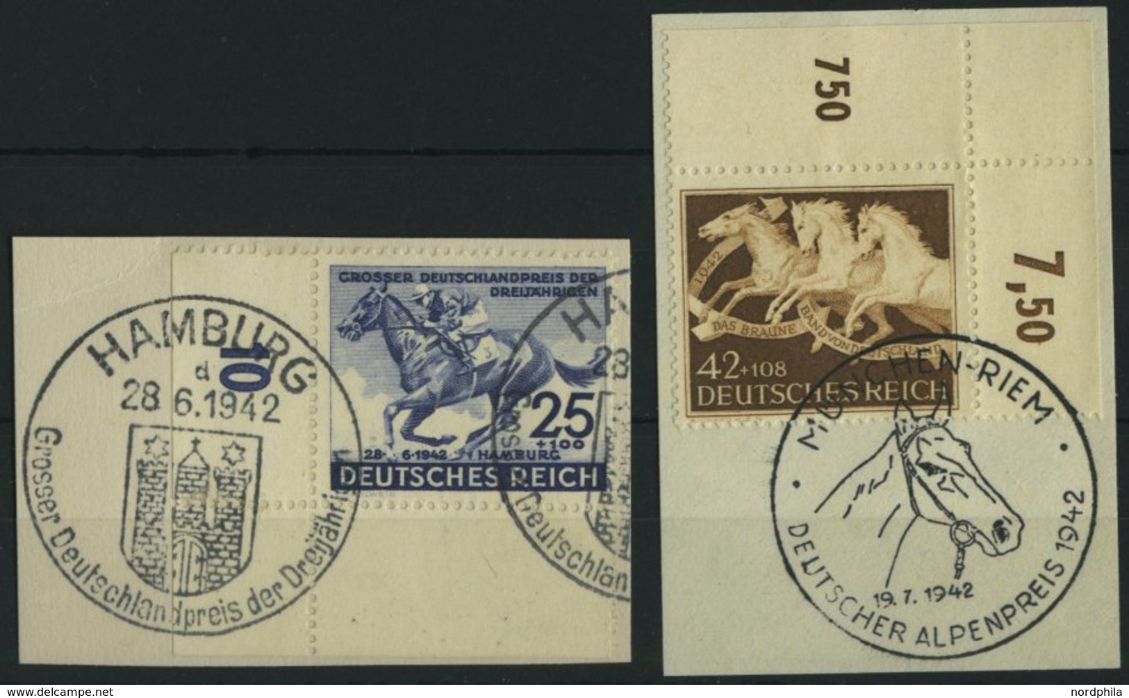 Dt. Reich 814/5 BrfStk, 1942, 25 Pf. Deutsches Derby Und 42 Pf. Braunes Band, 2 Bogenecken Mit Sonderstempel, Auf Pracht - Sonstige & Ohne Zuordnung