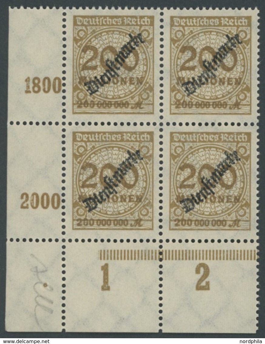 DIENSTMARKEN D 83adgz VB **, 1923, 200 Mio. M. Ockerbraun Im Unteren Linken Eckrandviererblock, Durchgezähnt, Postfrisch - Service
