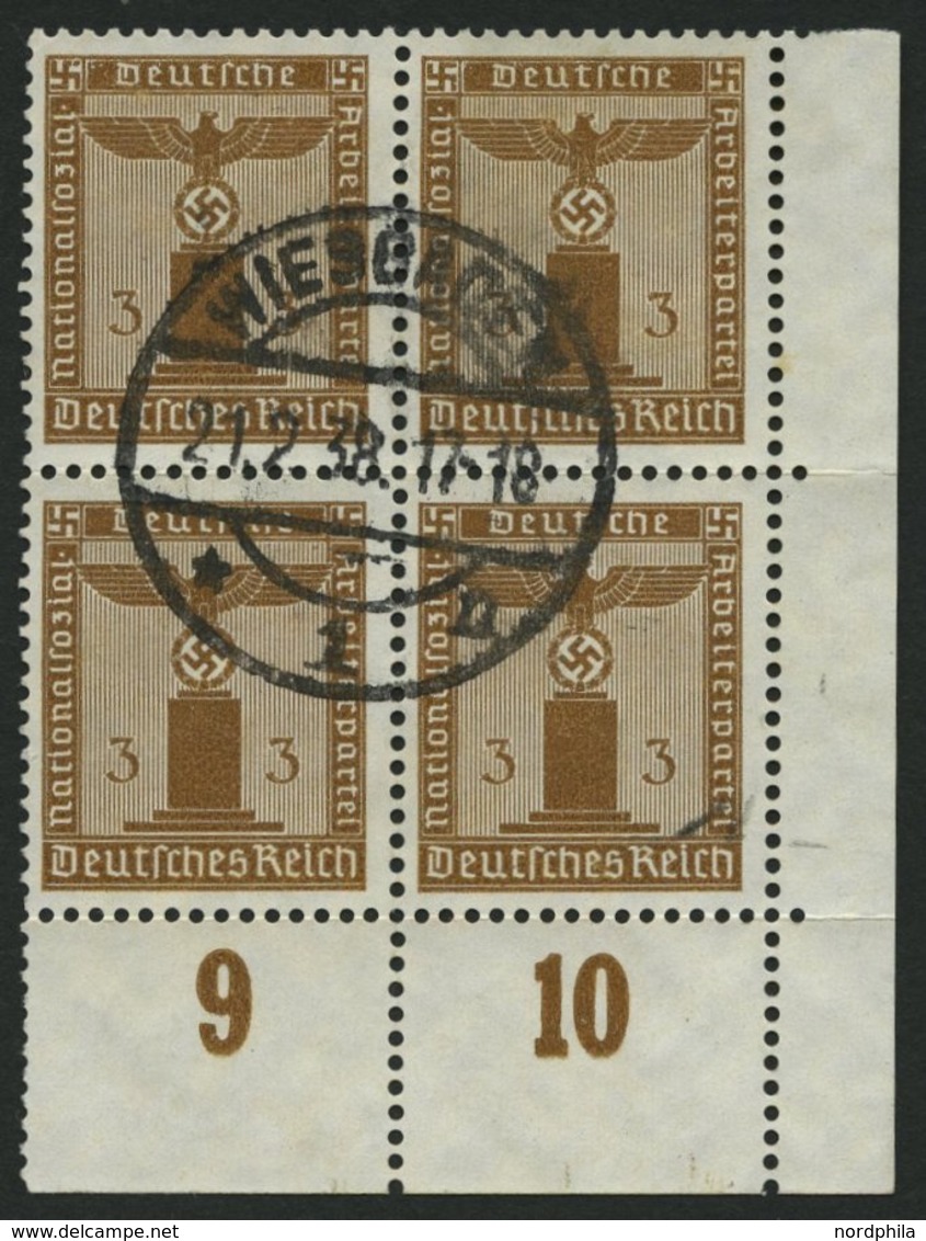 DIENSTMARKEN D 145 VB O, 1938, 3 Pf. Dunkelbraunocker, Mit Wz., Im Viererblock Aus Der Rechten Unteren Bogenecke, Pracht - Service