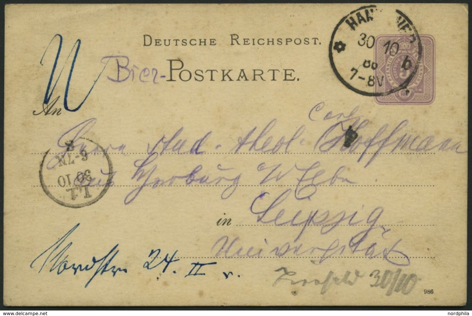 GANZSACHEN PP 6 BRIEF, Privatpost: 1888, 5 Pf. Lila Eigener Ausschank Des Bürgerl. Brauhauses In München, Stempel HANNOV - Otros & Sin Clasificación