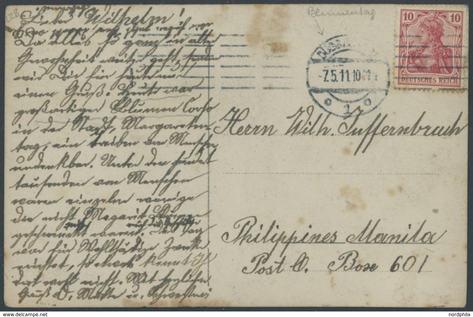 ZEPPELINPOST 1B BRIEF, 1911, Blumentag Düsseldorf, Ansichtskarte Luftkreuzer Deutschland Nach Manila, Bedarfsspuren - Airmail & Zeppelin