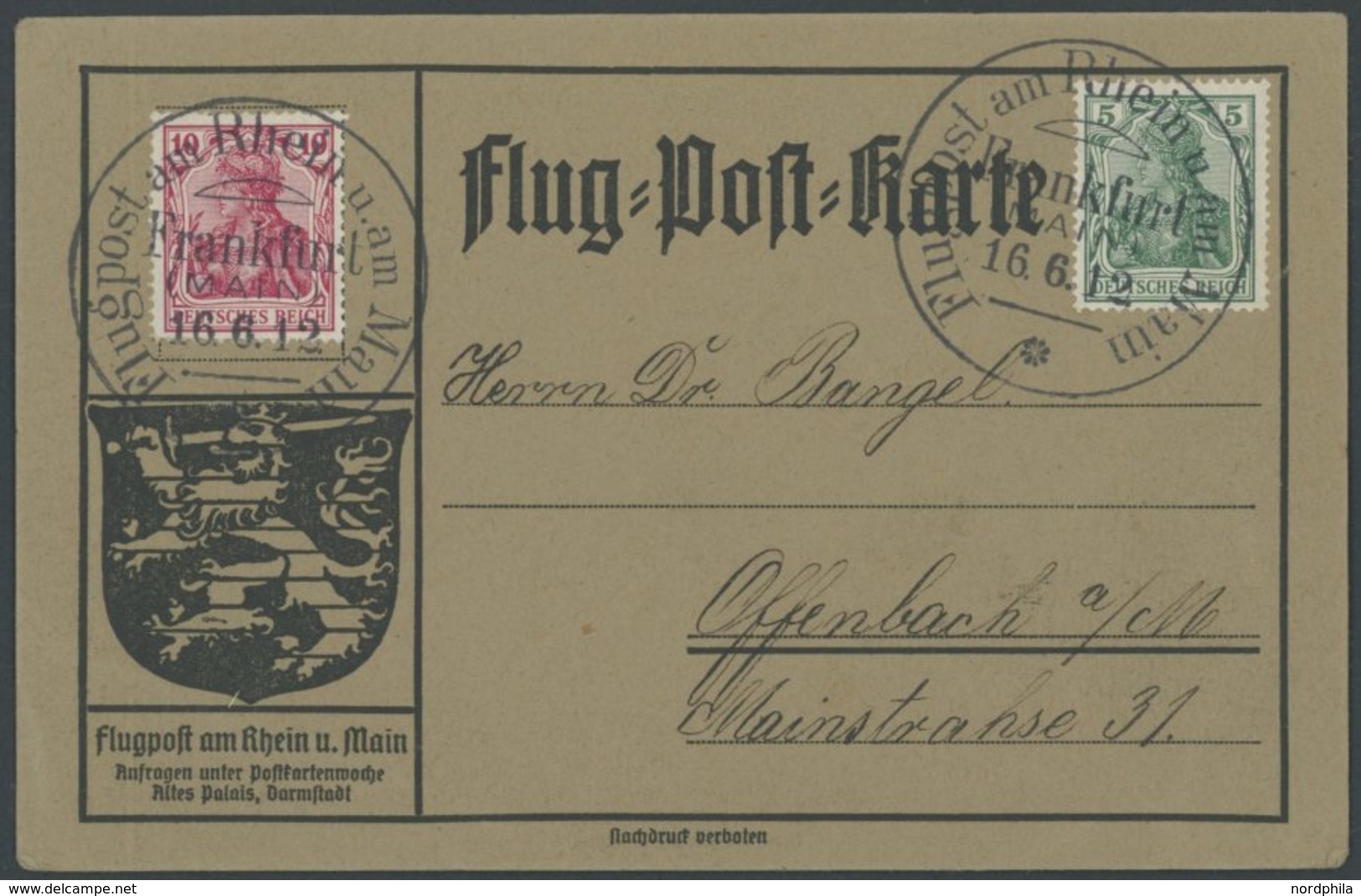 ZEPPELINPOST 10 BRIEF, 1912, Flp. Am Rhein Und Main Auf Flugpostkarte Mit 10 Pf. Germania (statt Flugpostmarke Mi. I) Un - Poste Aérienne & Zeppelin