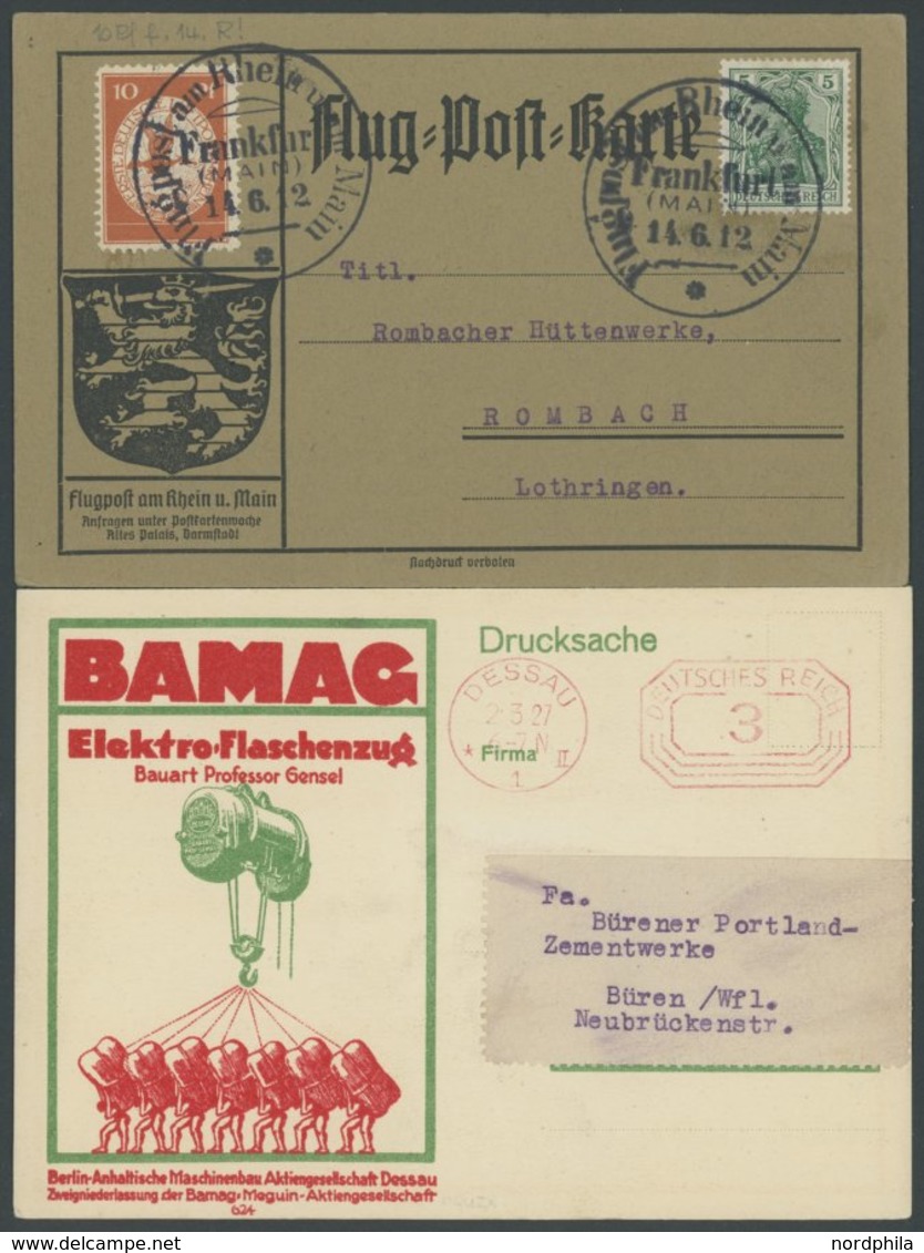 ZEPPELINPOST 10 BRIEF, 1912, 10 Pf. Flp. Am Rhein Und Main Auf Flugpostkarte Mit 5 Pf. Zusatzfrankatur, Sonderstempel Fr - Poste Aérienne & Zeppelin