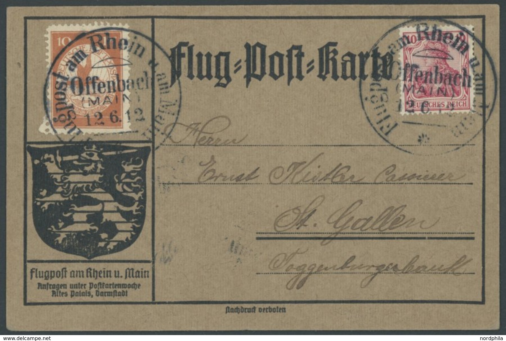ZEPPELINPOST 10 BRIEF, 1912, 10 Pf. Flp. Am Rhein Und Main Auf Flugpostkarte Mit 10 Pf. Zusatzfrankatur, Sonderstempel O - Poste Aérienne & Zeppelin
