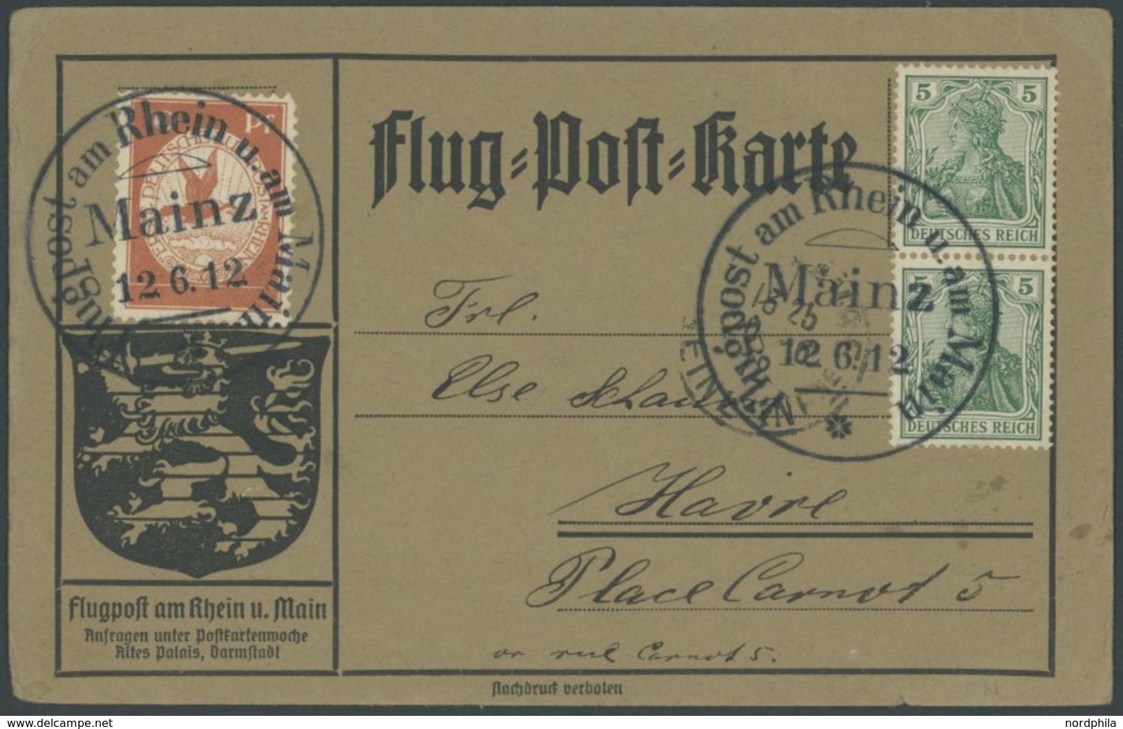 ZEPPELINPOST 10 BRIEF, 1912, 10 Pf. Flp. Am Rhein Und Main Auf Flugpostkarte Mit 5 Pf. Zusatzfrankatur Im Senkrechten Pa - Poste Aérienne & Zeppelin