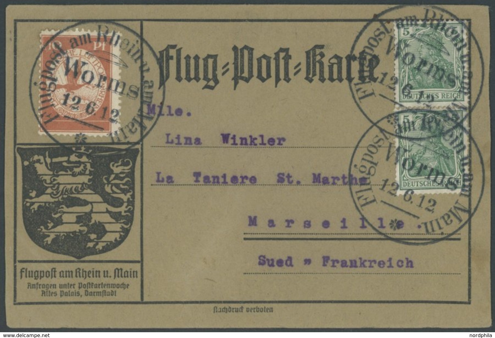 ZEPPELINPOST 10 BRIEF, 1912, 10 Pf. Flp. Am Rhein Und Main Auf Flugpostkarte Mit 2x 5 Pf. Zusatzfrankatur, Sonderstempel - Poste Aérienne & Zeppelin