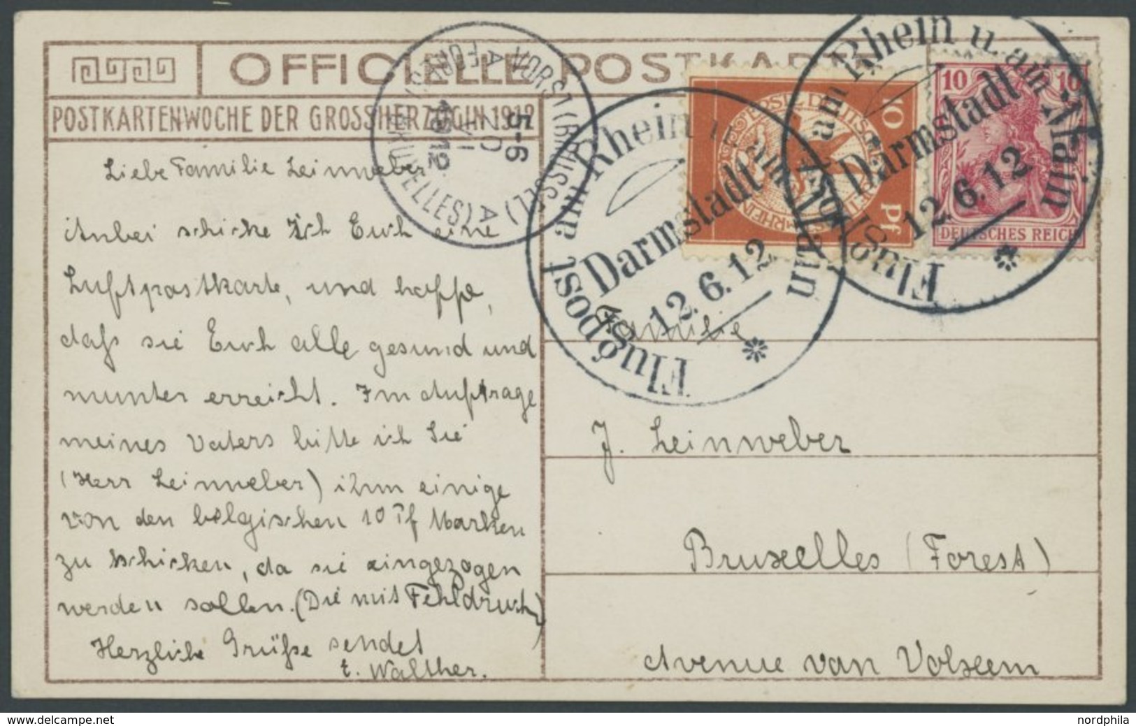 ZEPPELINPOST 10 BRIEF, 1912, 10 Pf. Flp. Am Rhein Und Main Auf Flugpostkarte (Großherzog) Mit 10 Pf. Zusatzfrankatur, So - Poste Aérienne & Zeppelin