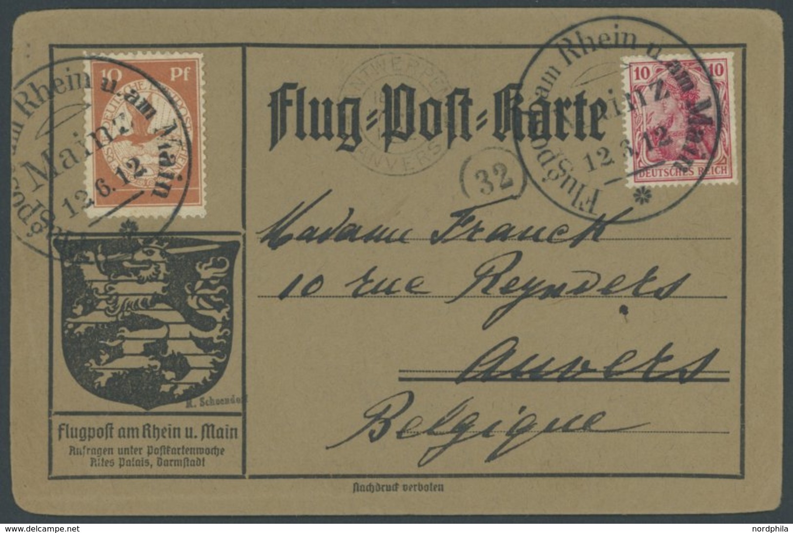 ZEPPELINPOST 10 BRIEF, 1912, 10 Pf. Flp. Am Rhein Und Main Auf Flugpostkarte Mit 10 Pf. Zusatzfrankatur, Sonderstempel M - Poste Aérienne & Zeppelin