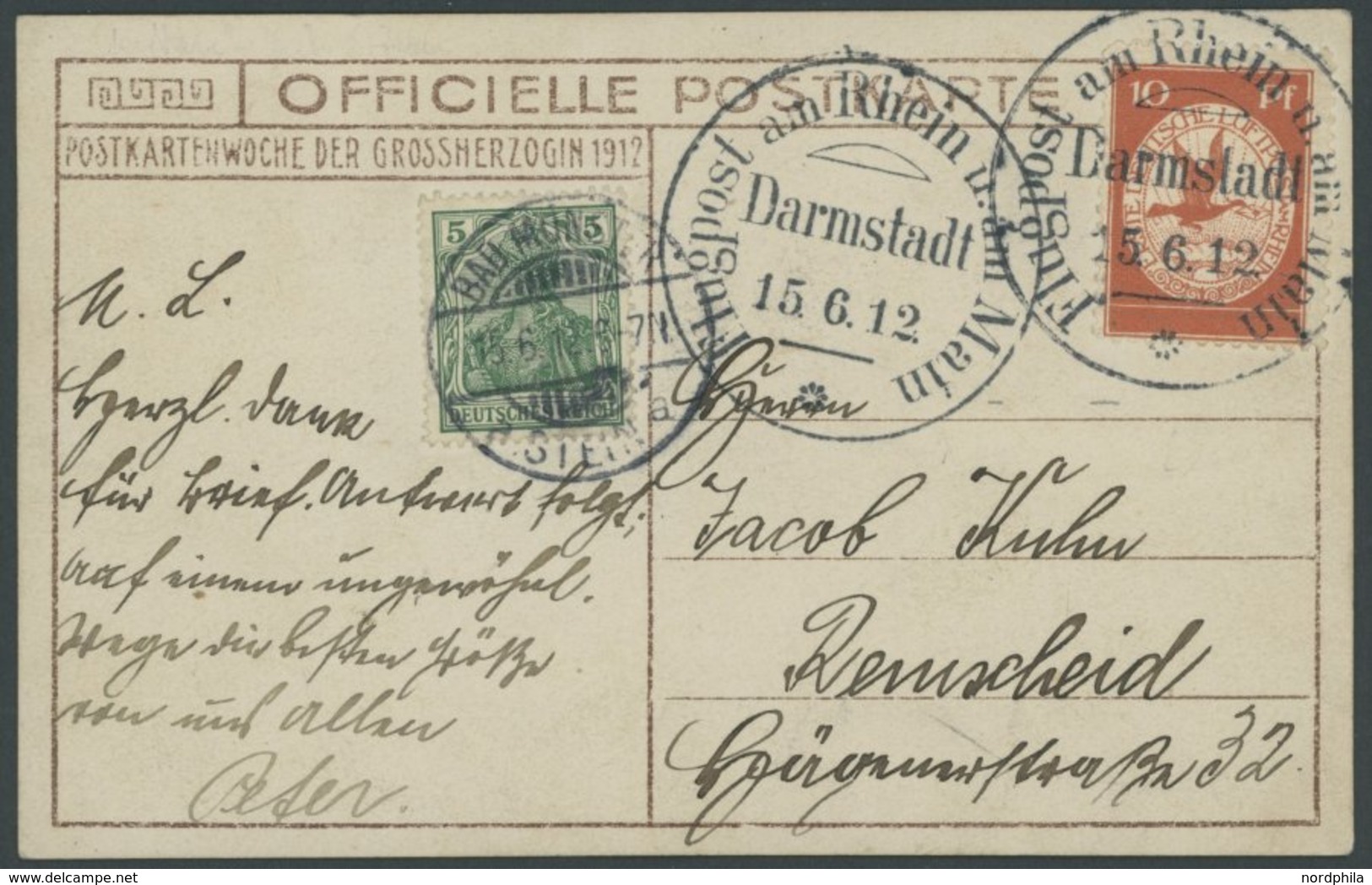 ZEPPELINPOST 10 BRIEF, 1912, 10 Pf. Flp. Am Rhein Und Main Auf Flugpostkarte (Großherzogliche Familie) Mit 5 Pf. Zusatzf - Airmail & Zeppelin