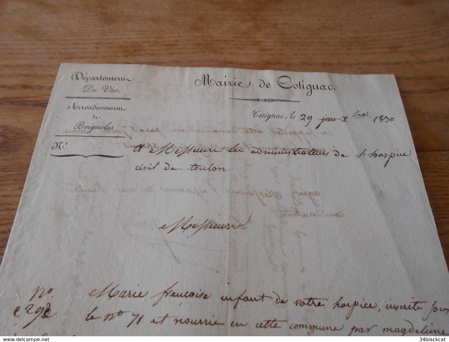 31 - Département Du Var , Arrondissement De Brignoles , Mairie De Cotignac , 29 Octobre 1830 - Historical Documents