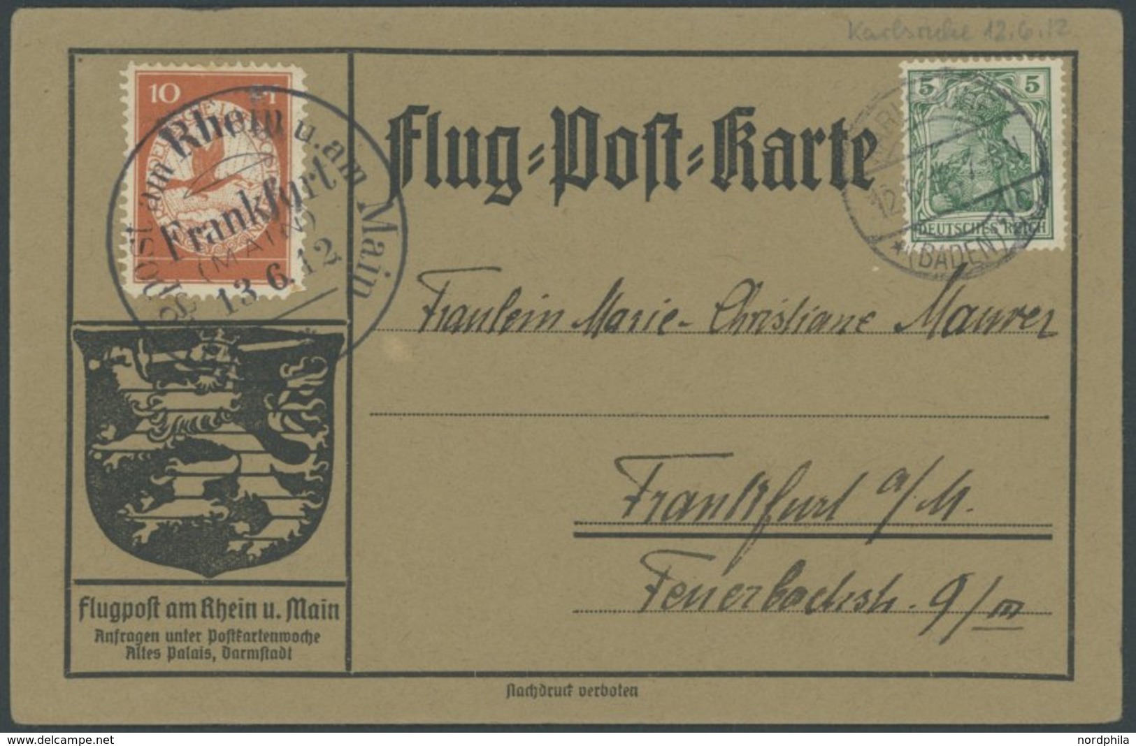 ZEPPELINPOST 10 BRIEF, 1912, 10 Pf. Flp. Am Rhein Und Main Auf Flugpostkarte Mit 5 Pf. Zusatzfrankatur, Sonderstempel Fr - Posta Aerea & Zeppelin