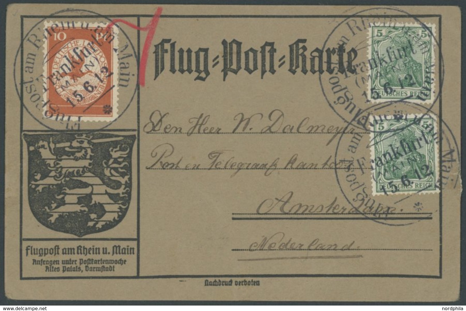 ZEPPELINPOST 10 BRIEF, 1912, 10 Pf. Flp. Am Rhein Und Main Auf Flugpostkarte Mit 2x 5 Pf. Zusatzfrankatur, Sonderstempel - Posta Aerea & Zeppelin