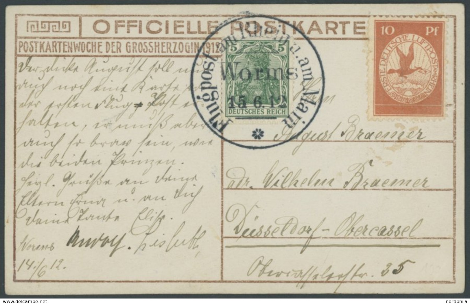 ZEPPELINPOST 10 BRIEF, 1912, 10 Pf. Flp. Am Rhein Und Main Auf Flugpostkarte (Herzogliche Kinder) Mit 5 Pf. Zusatzfranka - Airmail & Zeppelin
