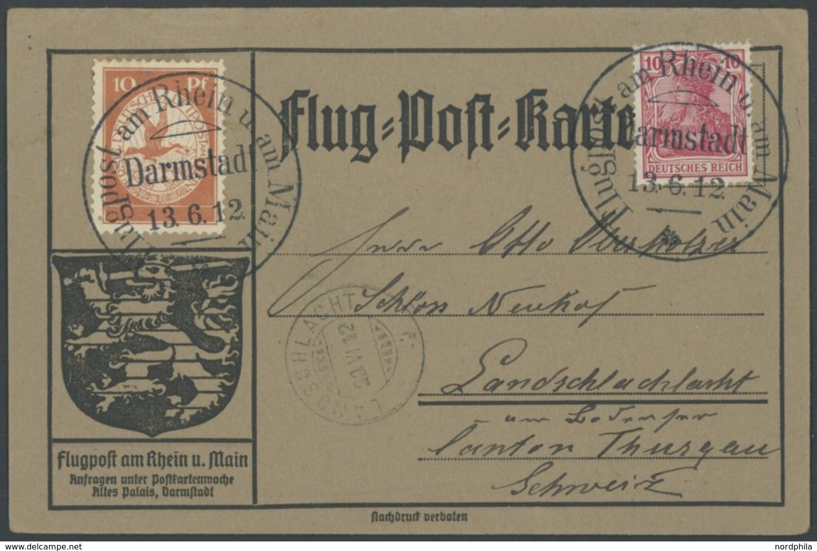 ZEPPELINPOST 10 BRIEF, 1912, 10 Pf. Flp. Am Rhein Und Main Auf Flugpostkarte Mit 10 Pf. Zusatzfrankatur In Die Schweiz,  - Posta Aerea & Zeppelin