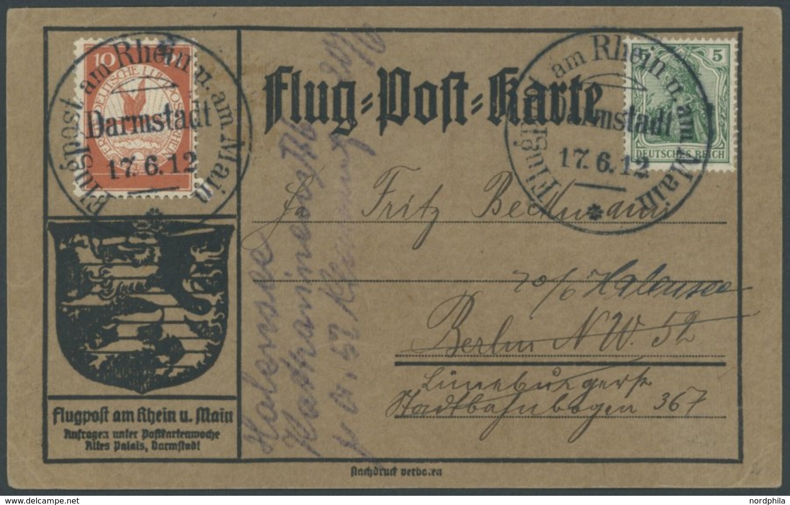 ZEPPELINPOST 10 BRIEF, 1912, 10 Pf. Flp. Am Rhein Und Main Auf Flugpostkarte Mit 5 Pf. Zusatzfrankatur, Sonderstempel Da - Posta Aerea & Zeppelin