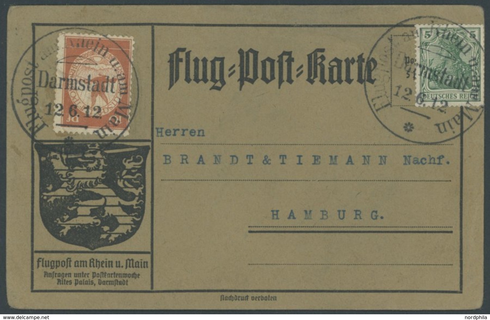 ZEPPELINPOST 10 BRIEF, 1912, 10 Pf. Flp. Am Rhein Und Main Auf Flugpostkarte Mit 5 Pf. Zusatzfrankatur, Sonderstempel Da - Posta Aerea & Zeppelin