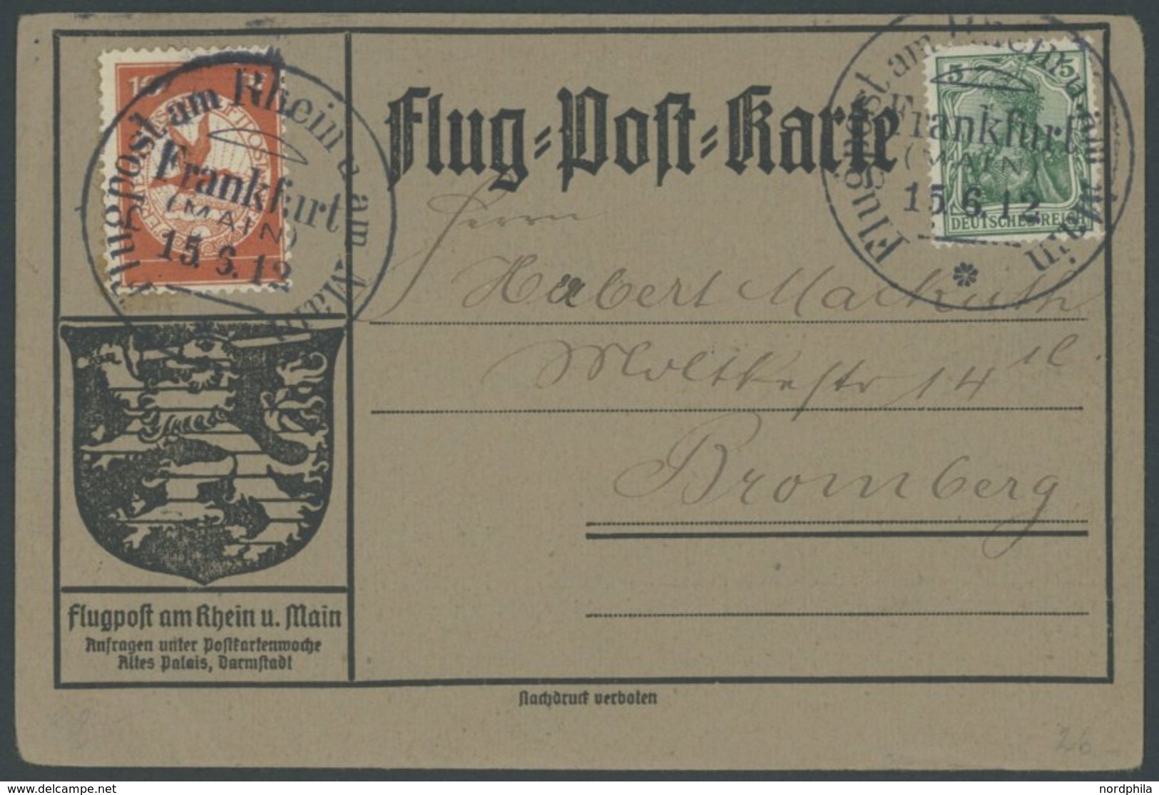 ZEPPELINPOST 10 BRIEF, 1912, 10 Pf. Flp. Am Rhein Und Main Auf Flugpostkarte Mit 5 Pf. Zusatzfrankatur, Sonderstempel Fr - Poste Aérienne & Zeppelin