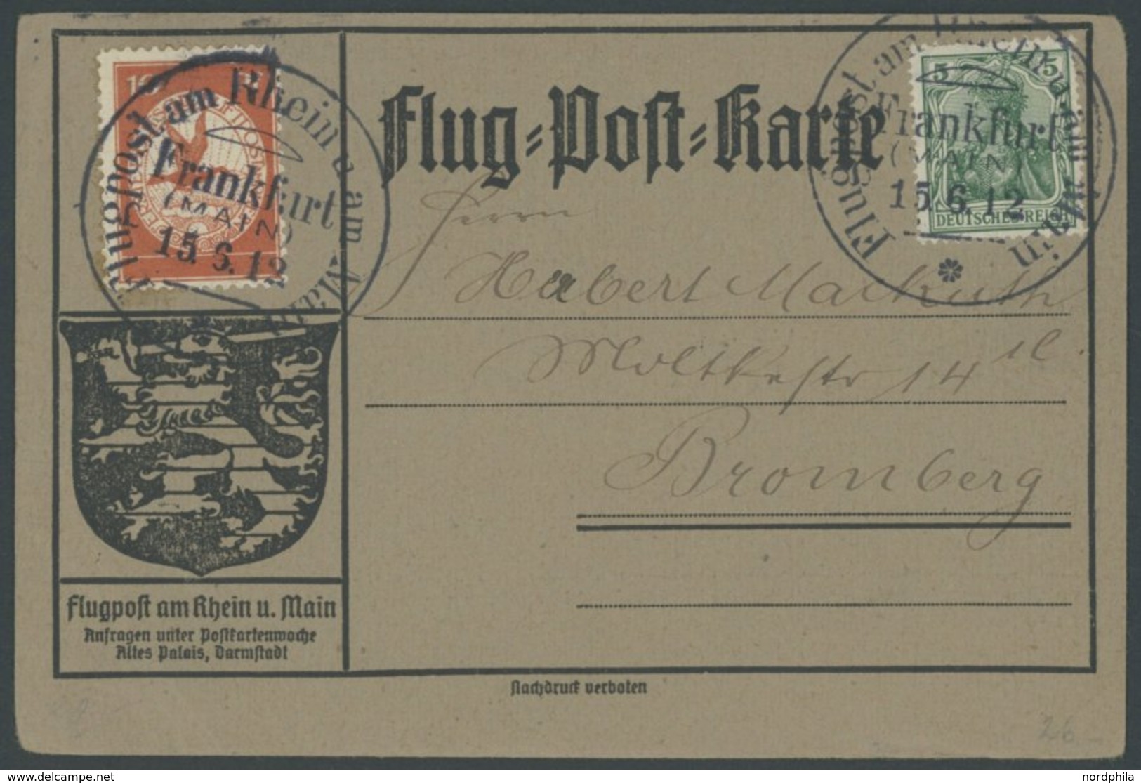 ZEPPELINPOST 10 BRIEF, 1912, 10 Pf. Flp. Am Rhein Und Main Auf Flugpostkarte Mit 5 Pf. Zusatzfrankatur, Sonderstempel Fr - Posta Aerea & Zeppelin