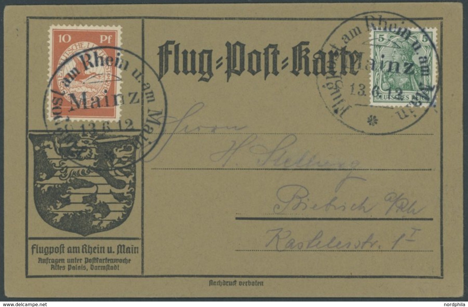 ZEPPELINPOST 10 BRIEF, 1912, 10 Pf. Flp. Am Rhein Und Main Auf Flugpostkarte Mit 5 Pf. Zusatzfrankatur, Sonderstempel Ma - Poste Aérienne & Zeppelin