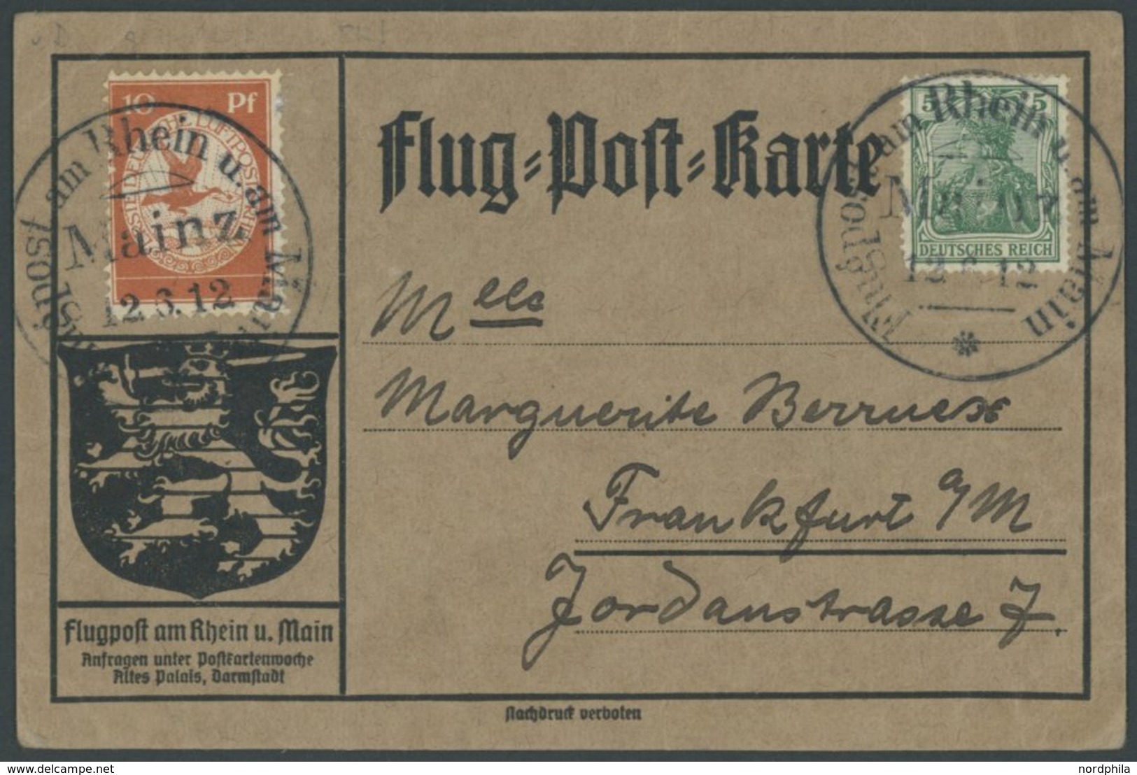 ZEPPELINPOST 10 BRIEF, 1912, 10 Pf. Flp. Am Rhein Und Main Auf Flugpostkarte (geripptes Papier) Mit 5 Pf. Zusatzfrankatu - Posta Aerea & Zeppelin