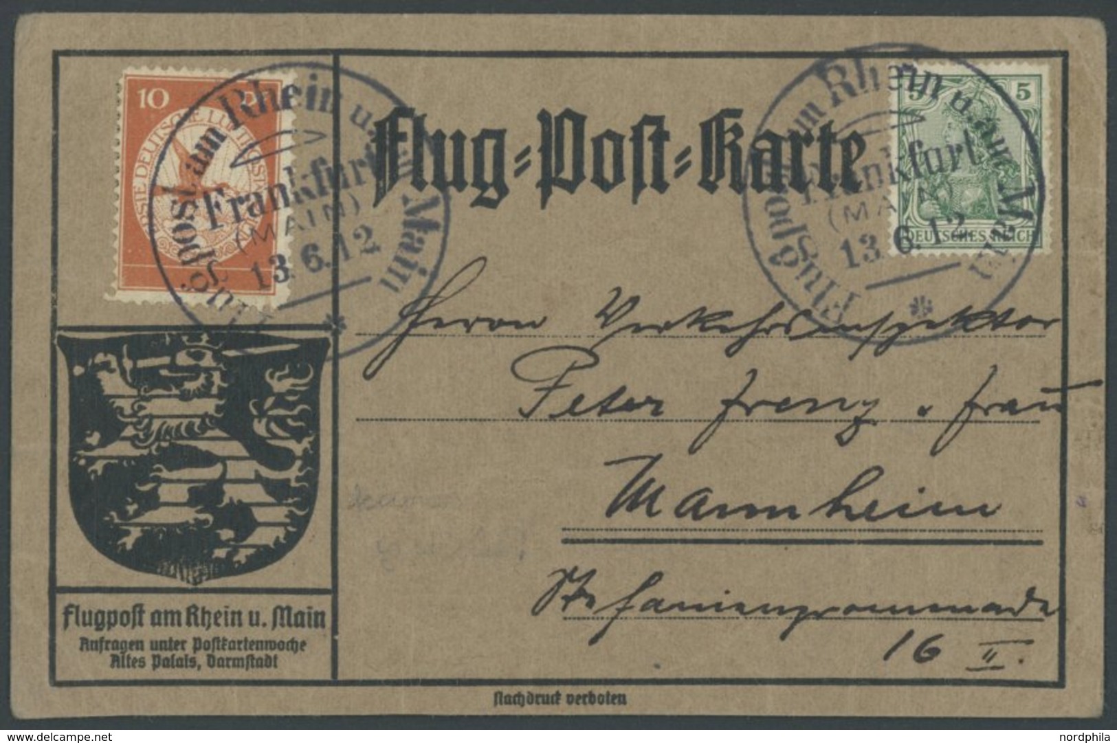 ZEPPELINPOST 10 BRIEF, 1912, 10 Pf. Flp. Am Rhein Und Main Auf Flugpostkarte (mit Zweizeiligem Gedicht) Mit 5 Pf. Zusatz - Poste Aérienne & Zeppelin