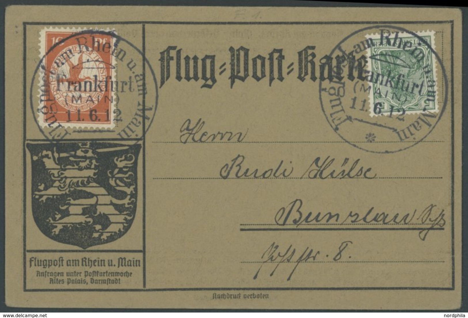 ZEPPELINPOST 10 BRIEF, 1912, 10 Pf. Flp. Am Rhein Und Main Auf Flugpostkarte Mit 5 Pf. Zusatzfrankatur, Sonderstempel Fr - Airmail & Zeppelin