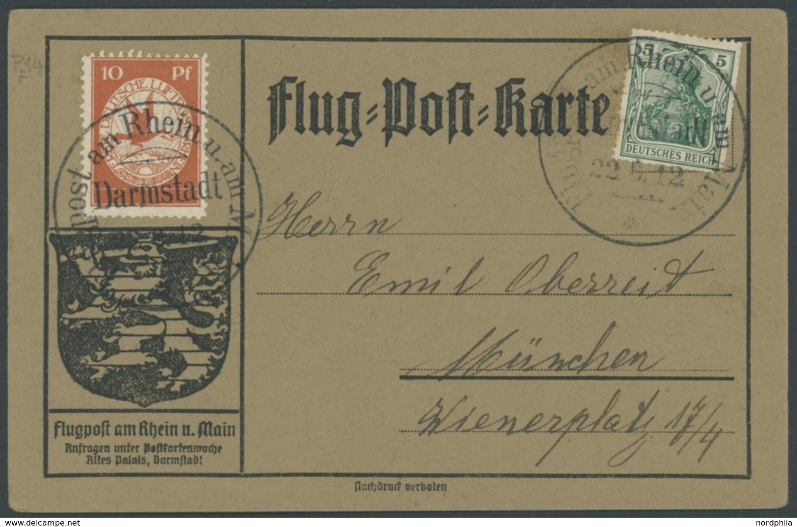 ZEPPELINPOST 10 BRIEF, 1912, 10 Pf. Flp. Am Rhein Und Main Auf Flugpostkarte Mit 5 Pf. Zusatzfrankatur, Sonderstempel Da - Airmail & Zeppelin