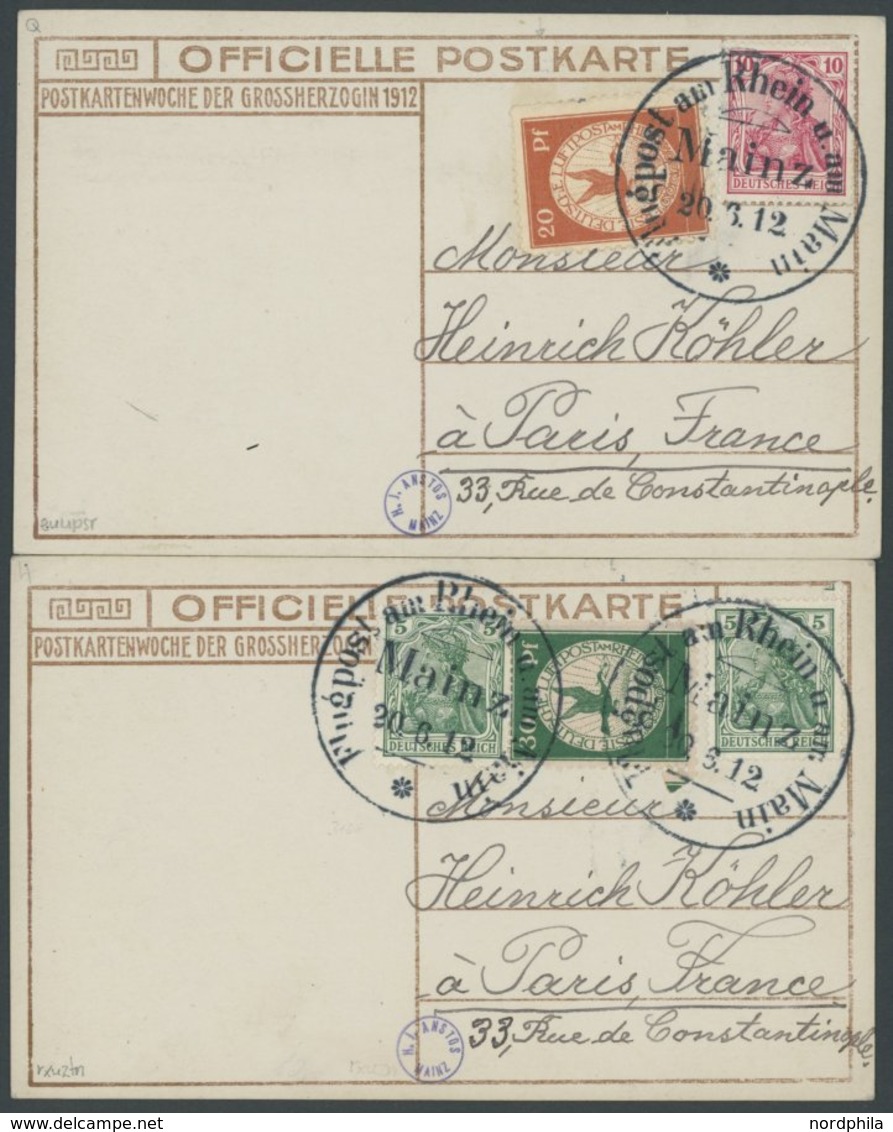 ZEPPELINPOST 11/2 BRIEF, 1912, 20 Und 30 Pf. Flp. Am Rhein Und Main, Je Auf Flugpostkarte (Herzogliche Familie) Mit 5 Bz - Airmail & Zeppelin