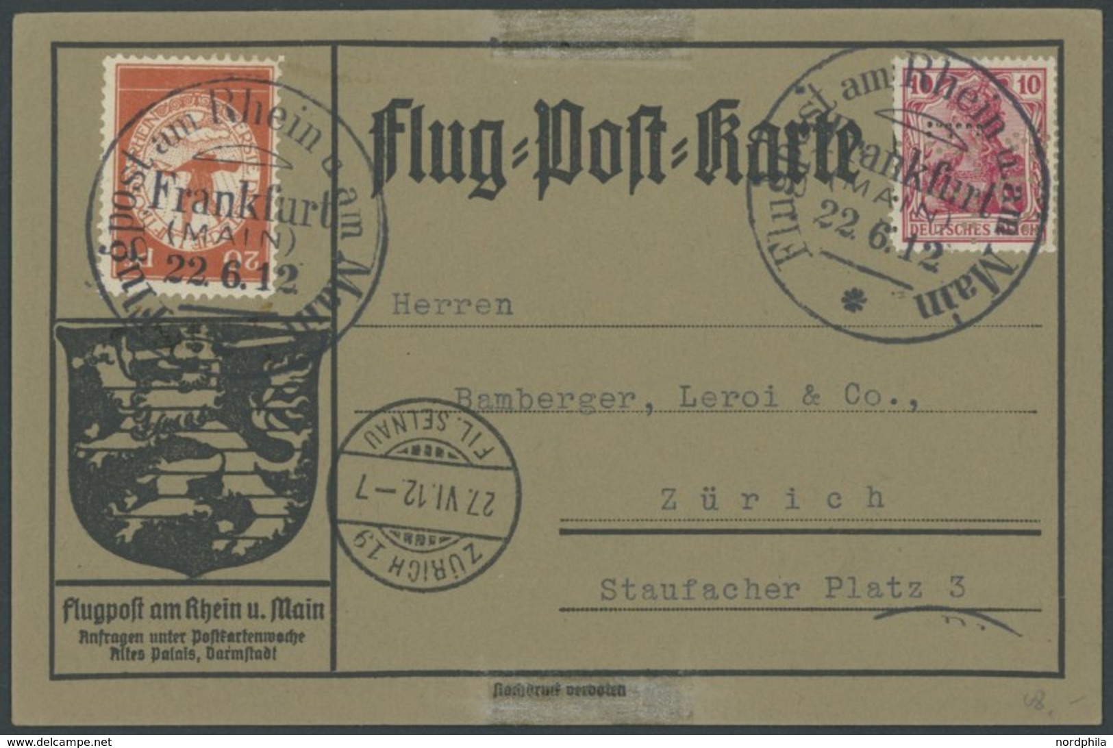 ZEPPELINPOST 11 BRIEF, 1912, 20 Pf. Flp. Am Rhein Und Main Auf Flugpostkarte Mit 10 Pf. Zusatzfrankatur (mit Firmenlochu - Posta Aerea & Zeppelin