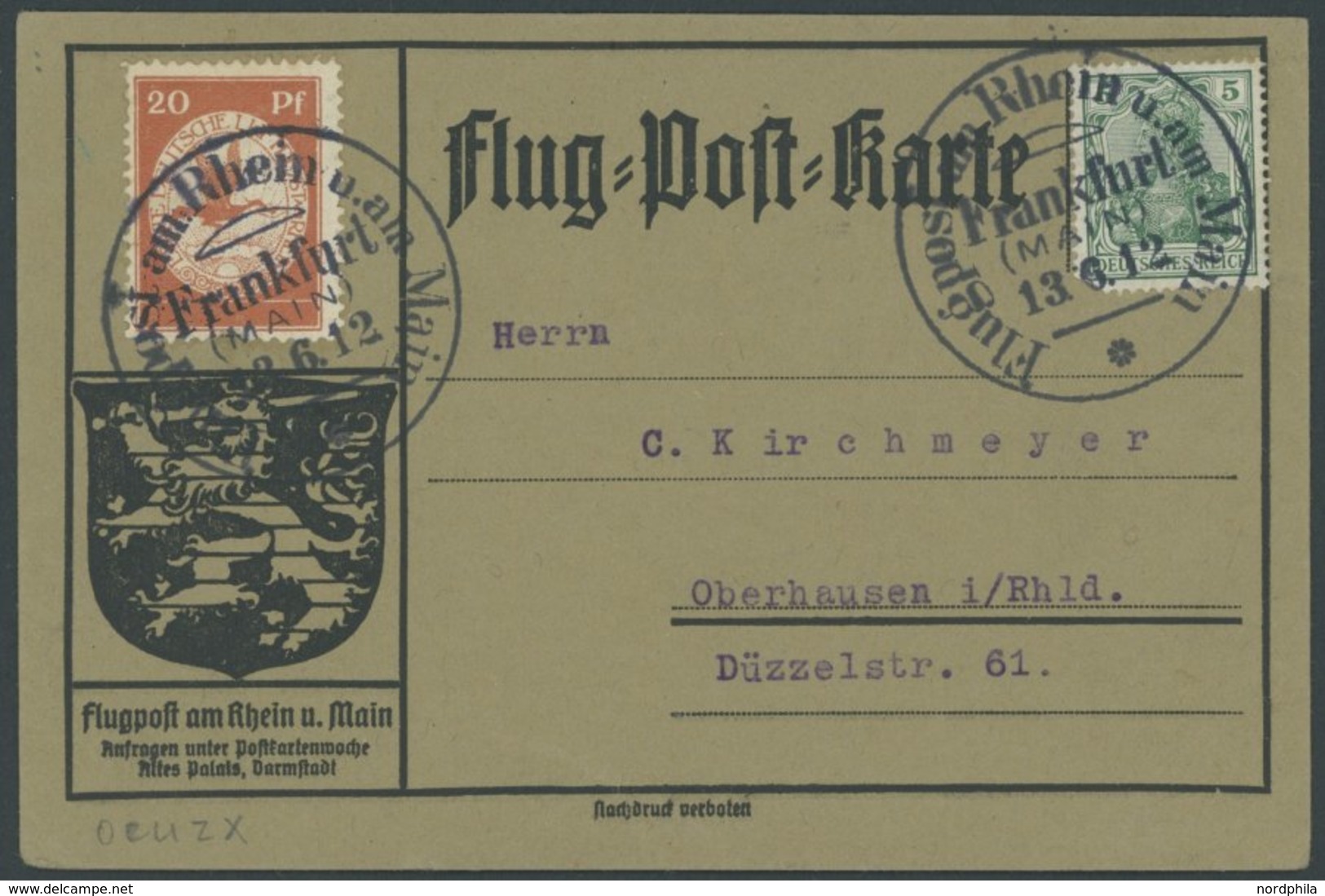 ZEPPELINPOST 11 BRIEF, 1912, 20 Pf. Flp. Am Rhein Und Main Auf Flugpostkarte Mit 5 Pf. Zusatzfrankatur, Sonderstempel Fr - Correo Aéreo & Zeppelin
