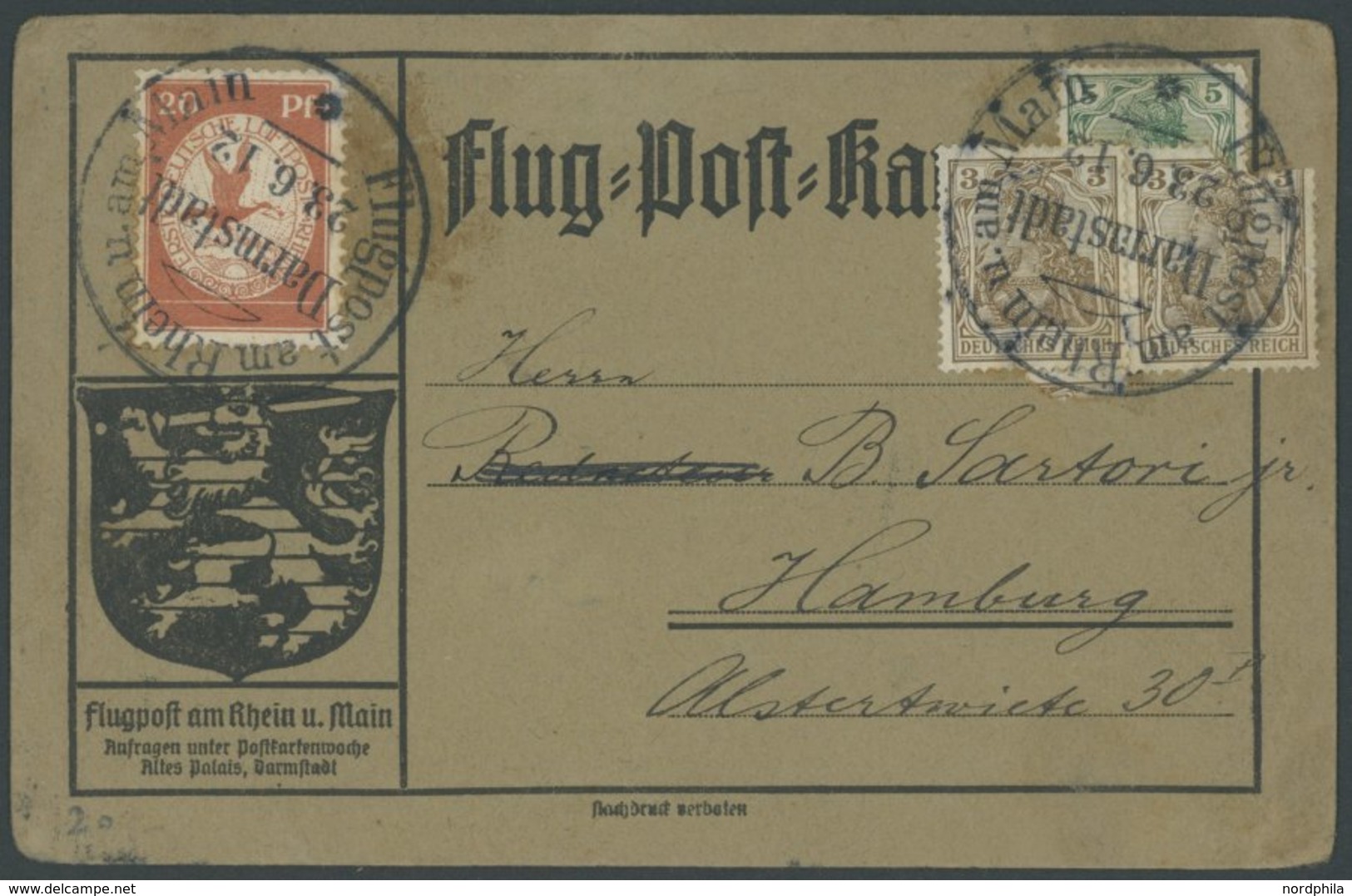 ZEPPELINPOST 11 BRIEF, 1912, 20 Pf. Flp. Am Rhein Und Main Auf Flugpostkarte Mit 5 Pf. Zusatzfrankatur (überklebt Mit Wa - Poste Aérienne & Zeppelin