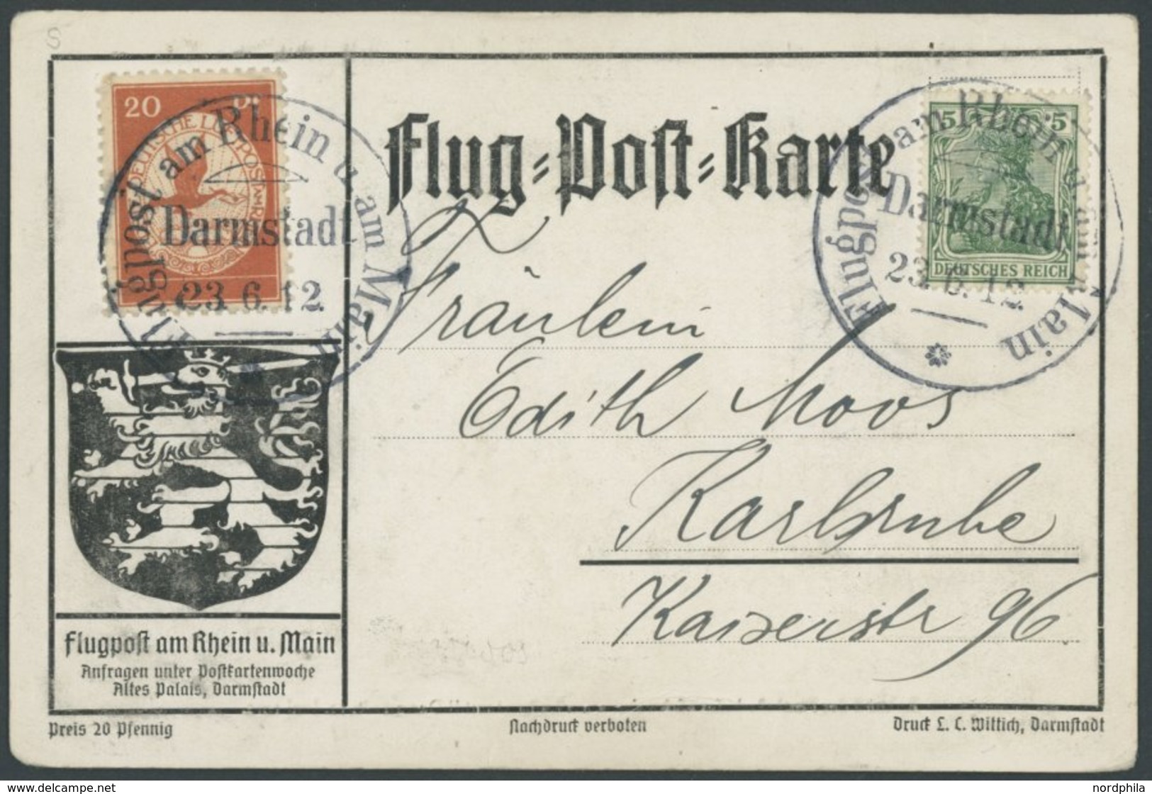 ZEPPELINPOST 11 BRIEF, 1912, 20 Pf. Flp. Am Rhein Und Main Auf Flugpostkarte (Ankunft Des Postluftschiffes Schwaben) Mit - Correo Aéreo & Zeppelin