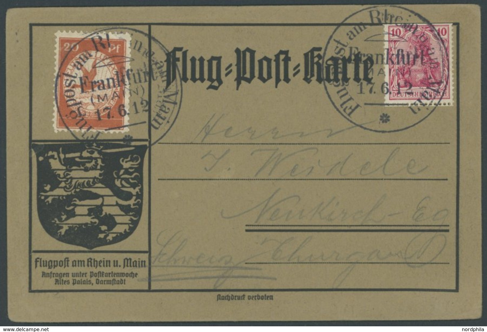 ZEPPELINPOST 11 BRIEF, 1912, 20 Pf. Flp. Am Rhein Und Main Auf Flugpostkarte Mit 10 Pf. Zusatzfrankatur, Sonderstempel F - Correo Aéreo & Zeppelin