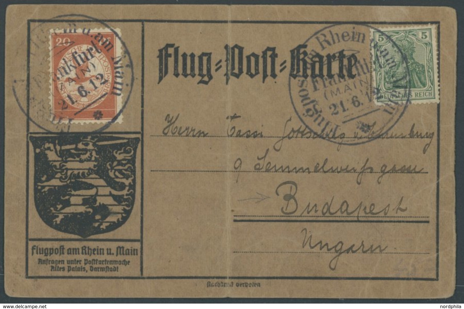 ZEPPELINPOST 11 BRIEF, 1912, 20 Pf. Flp. Am Rhein Und Main Auf Flugpostkarte Mit 5 Pf. Zusatzfrankatur, Sonderstempel Fr - Airmail & Zeppelin