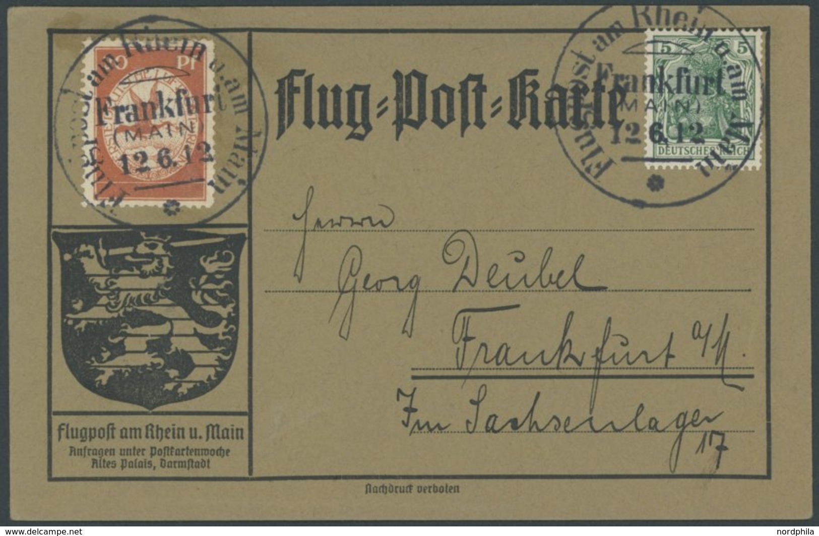 ZEPPELINPOST 11 BRIEF, 1912, 20 Pf. Flp. Am Rhein Und Main Mit Plattenfehler Farbpunkt Zwischen O Und S In Luftpost (Fel - Airmail & Zeppelin