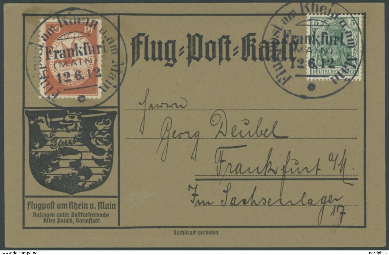 ZEPPELINPOST 11 BRIEF, 1912, 20 Pf. Flp. Am Rhein Und Main Mit Plattenfehler Farbpunkt Zwischen O Und S In Luftpost (Fel - Posta Aerea & Zeppelin