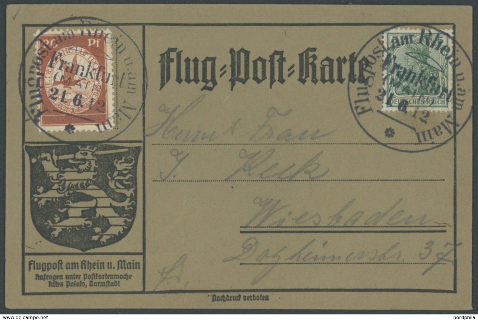 ZEPPELINPOST 11 BRIEF, 1912, 20 Pf. Flp. Am Rhein Und Main Auf Flugpostkarte Mit 5 Pf. Zusatzfrankatur, Sonderstempel Fr - Correo Aéreo & Zeppelin