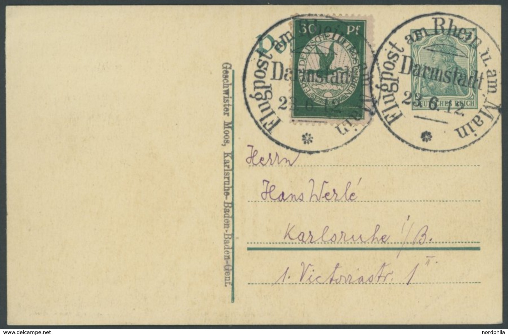 ZEPPELINPOST 12 BRIEF, 1912, 30 Pf. Flp. Am Rhein Und Main Auf 5 Pf. Ganzsachenkarte Mit Verkaufsstellen-L1 Geschwister  - Airmail & Zeppelin