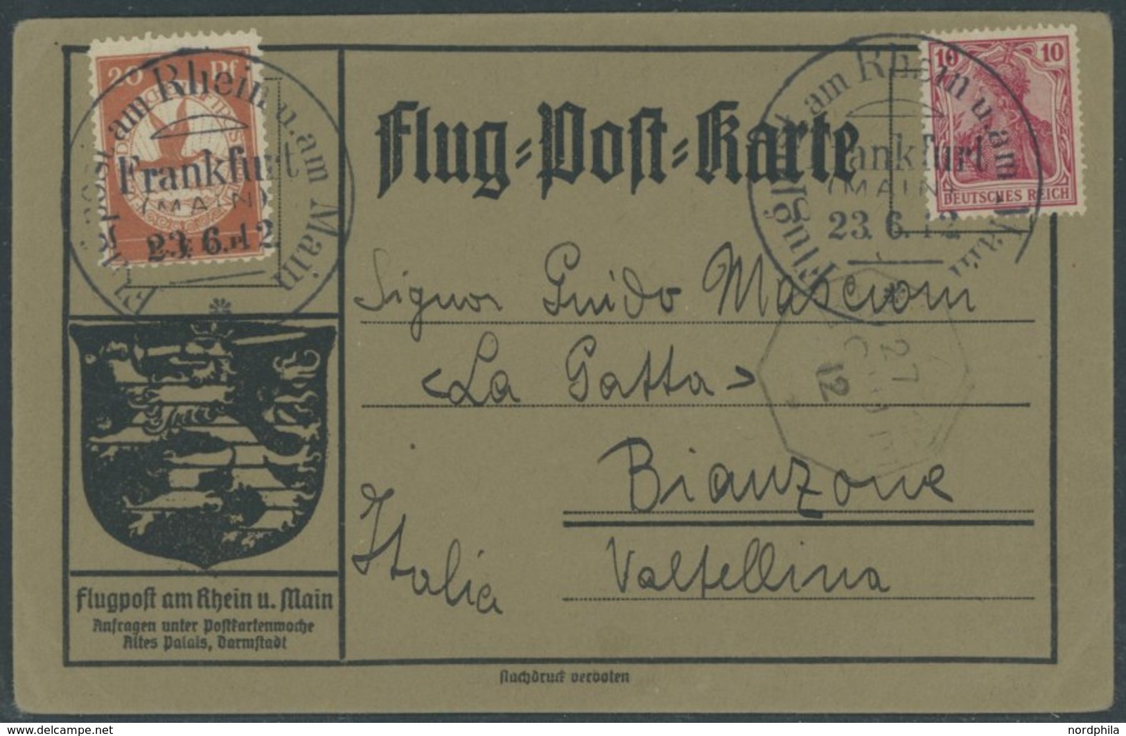 ZEPPELINPOST 15 BRIEF, 1912, 20 Pf. E.L.P. Auf Flugpostkarte Mit 10 Pf. Zusatzfrankatur, Sonderstempel Frankfurt 23.6.12 - Correo Aéreo & Zeppelin