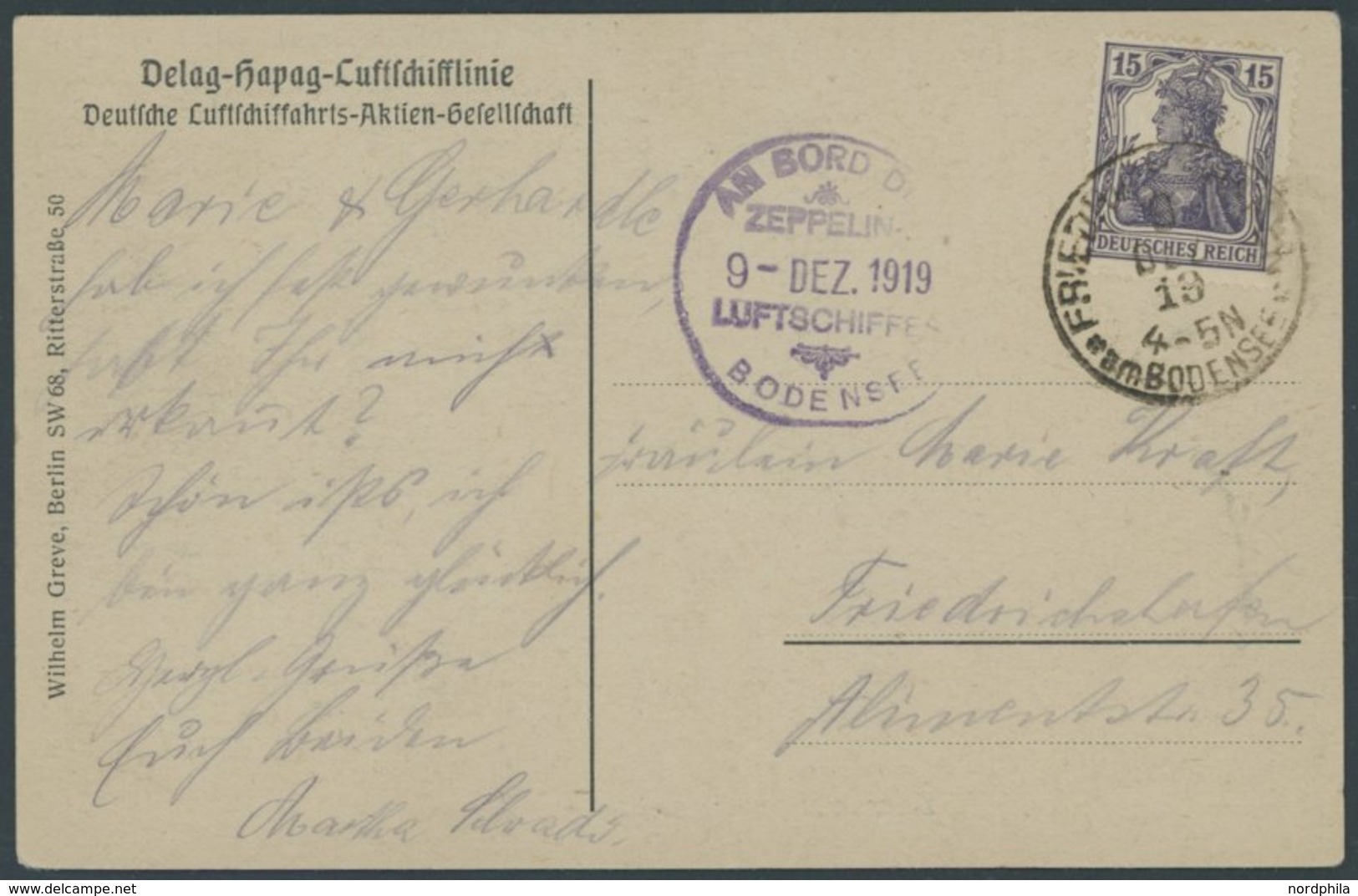 ZEPPELINPOST 19 BRIEF, 9.12.1919, Versuchsfahrt Luftschiff Bodensee, Ansichtskarte Der Delag Hapag Luftschifflinie Mit B - Poste Aérienne & Zeppelin