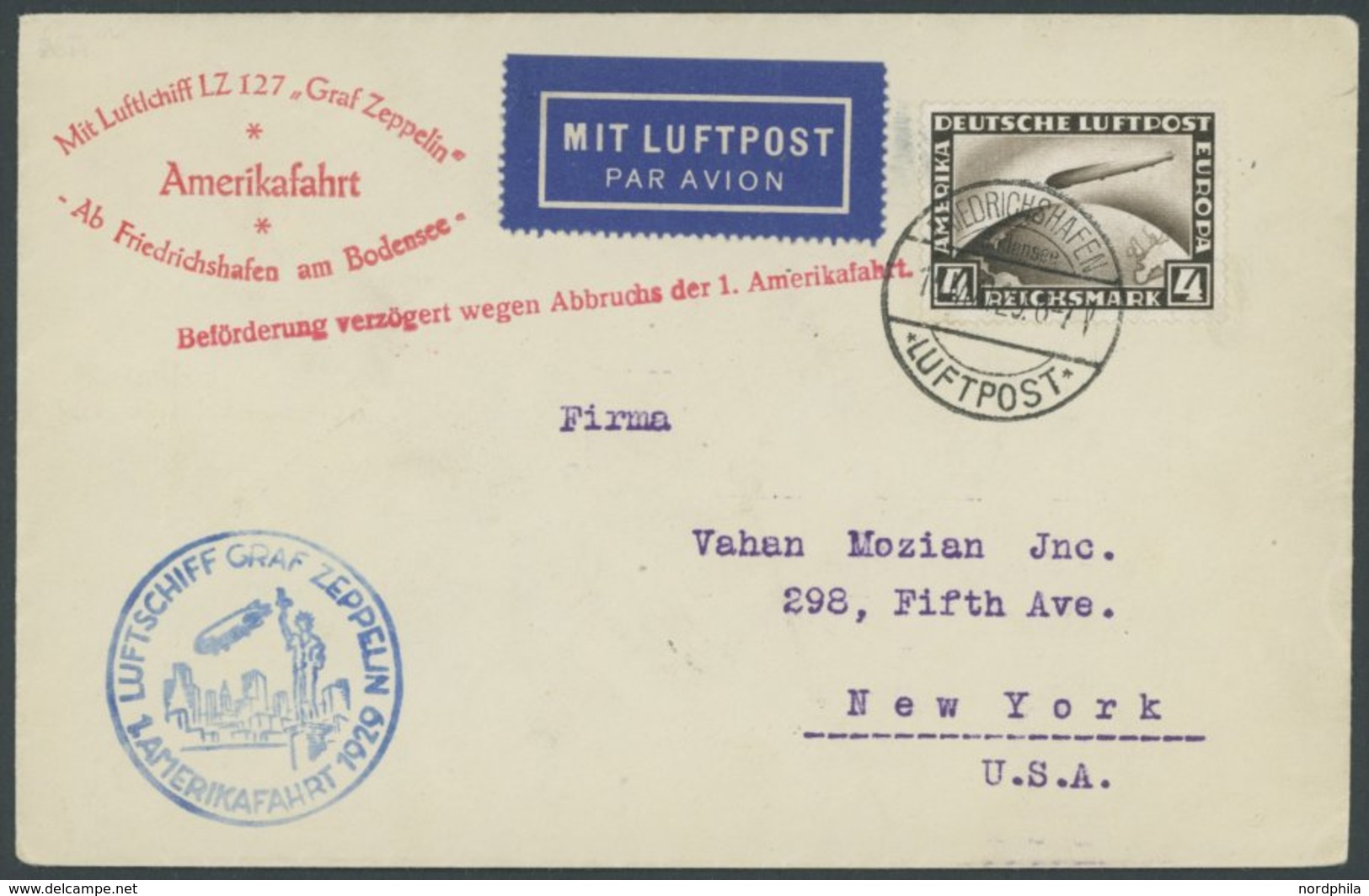 ZEPPELINPOST 26A BRIEF, 1929, Amerikafahrt, Auflieferung Friedrichshafen, Mit Privatem Zierstempel Amerikafahrt - Ab Fri - Correo Aéreo & Zeppelin