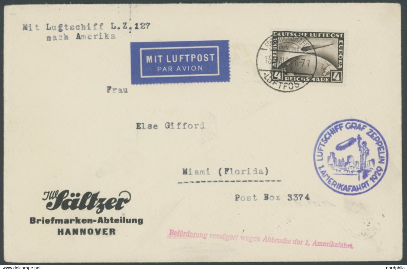 ZEPPELINPOST 26A BRIEF, 1929, Amerikafahrt, Auflieferung Friedrichshafen, Firmenbrief Mit Verzögerungsstempel In Kursive - Airmail & Zeppelin