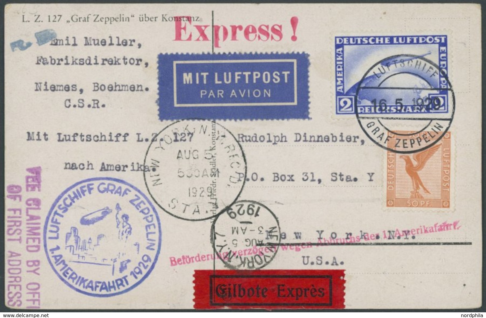 ZEPPELINPOST 26B BRIEF, 1929, Amerikafahrt, Bordpost, Mit Amerikanischem Gebühren-L2 FREE CLAIMED, Frankiert U.a. Mit 2  - Poste Aérienne & Zeppelin