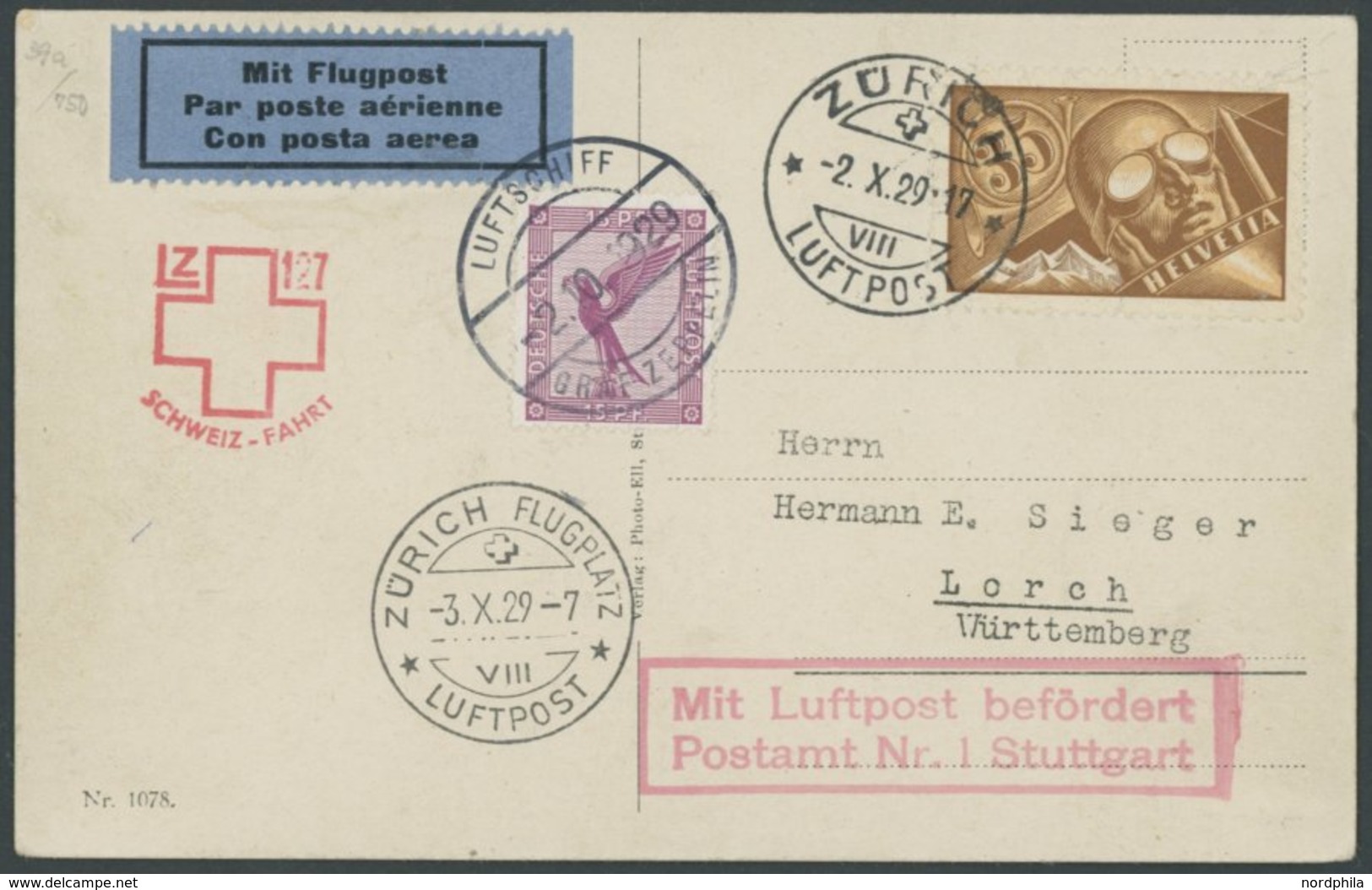 ZEPPELINPOST 39a BRIEF, 1929, 4. Schweizfahrt, Abwurf Zürich, Prachtkarte - Poste Aérienne & Zeppelin
