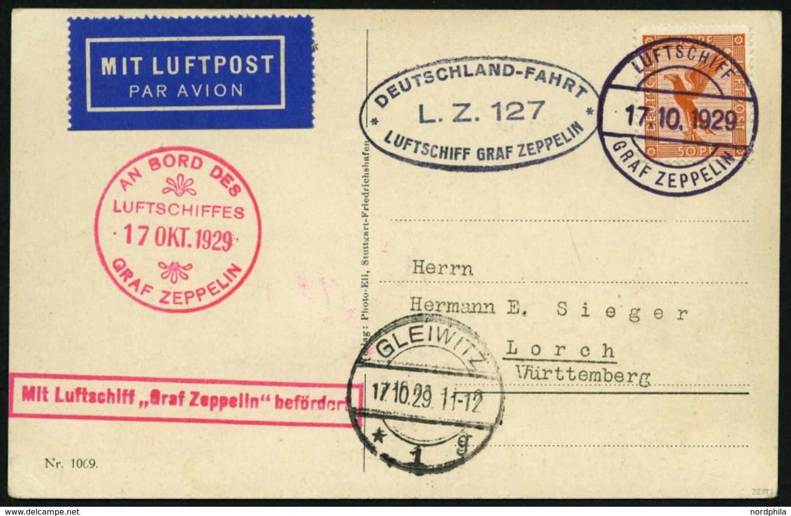 ZEPPELINPOST 43d BRIEF, 1929, Schlesienfahrt, Abwurf Gleiwitz, Ovaler Privater Stempel Deutschlandfahrt, Nur 84 Belege A - Posta Aerea & Zeppelin