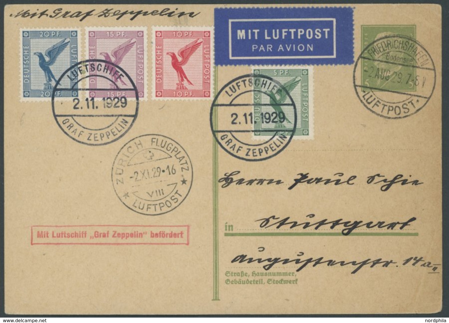 ZEPPELINPOST 45A BRIEF, 1929, Fahrt Nach Zürich-Dübendorf, 5 Pf. Ganzsachenkarte Mit Auflieferung Friedrichshafen, Die Z - Correo Aéreo & Zeppelin